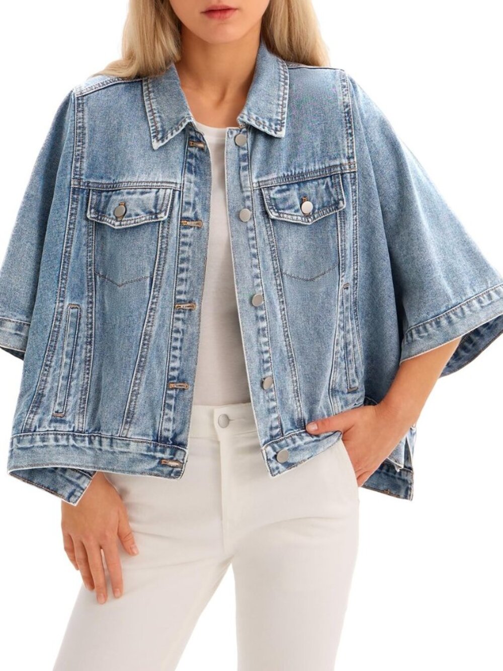 Womens Jean Jacket Oversized Cropped Denim Cape Jacket